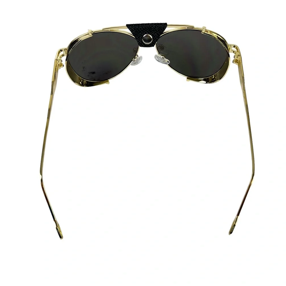AVIATOR Gold Metal Frame Blue Purple Lense Faux Leather Black Trim Sunglasses - Picture 9 of 15